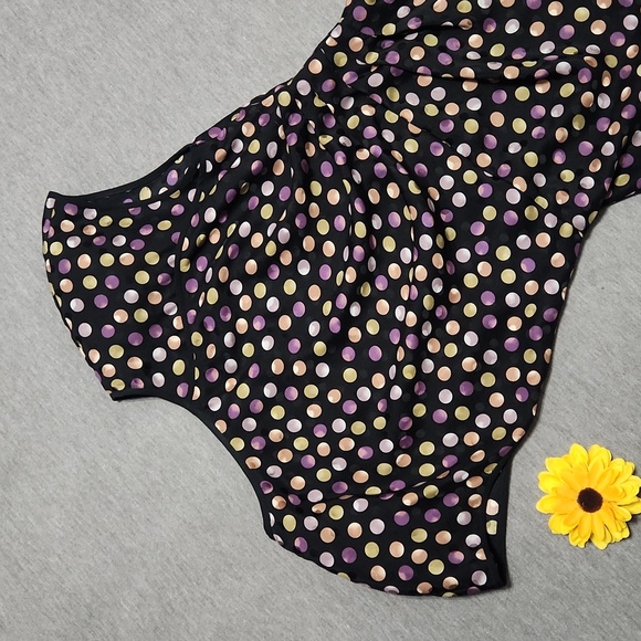 Vintage Polka Dot Chinese Neckline Asymmetrical Hem Cap Sleeve Peplum Blouse Top - Picture 3 of 10